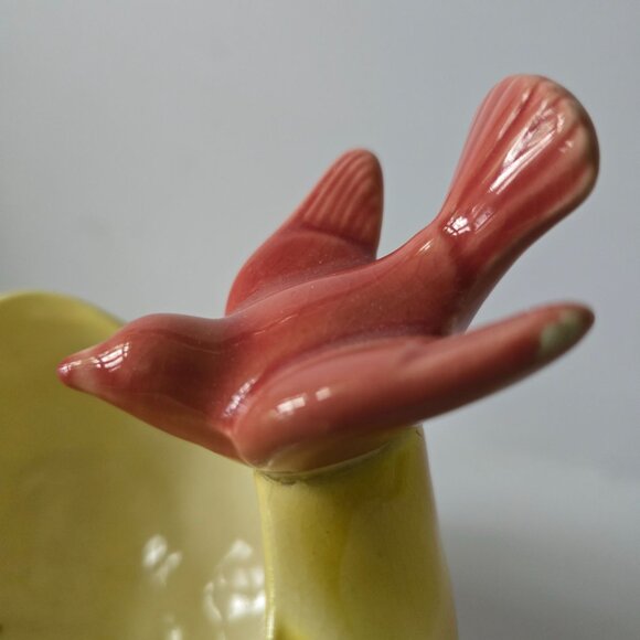 Vintage Royal Copley Yellow & Pink Ceramic Planter Bowl With Bird Accent - Picture 4 of 16